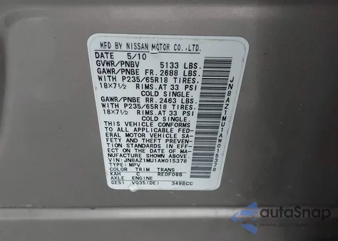 2010 Nissan Murano Sl z USA, uszkodzony, nr VIN JN8AZ1MU1AW015378